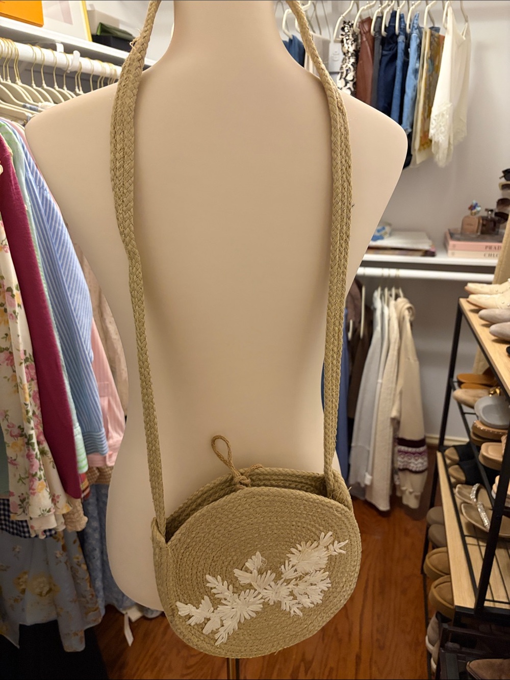 H&M Straw Round Crossbody Bag with White Floral Embroidery